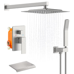 Rain Shower System Matte Black Tub Shower Faucet Set 10 Inch Square Rainfall Shower Head with Handheld Sprayer and Waterfall Tub Spout Pressure Balance Rough-in Valve Shower Mixer Combo