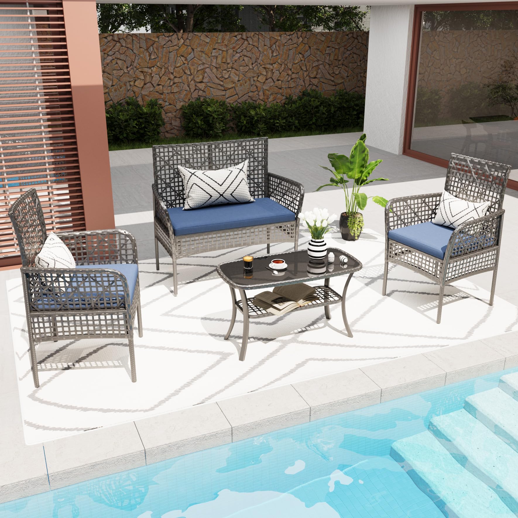 4 Pieces Outdoor Patio Furniture Set,PE Rattan Wicker Garden Conversation Chairs with Tempered Glass Table and Soft Cushions for Backyard Pool or Lawn