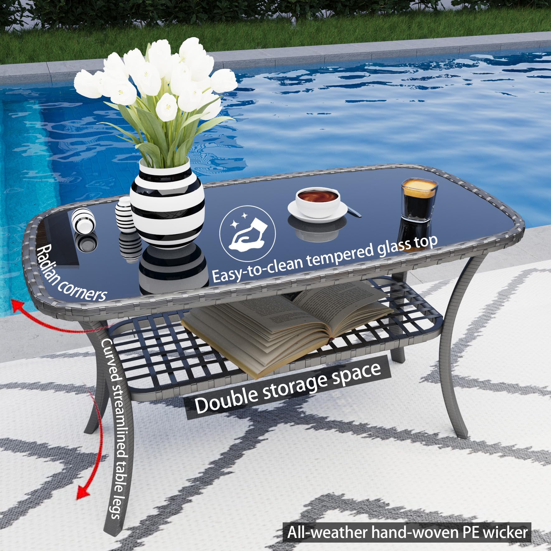 4 Pieces Outdoor Patio Furniture Set,PE Rattan Wicker Garden Conversation Chairs with Tempered Glass Table and Soft Cushions for Backyard Pool or Lawn