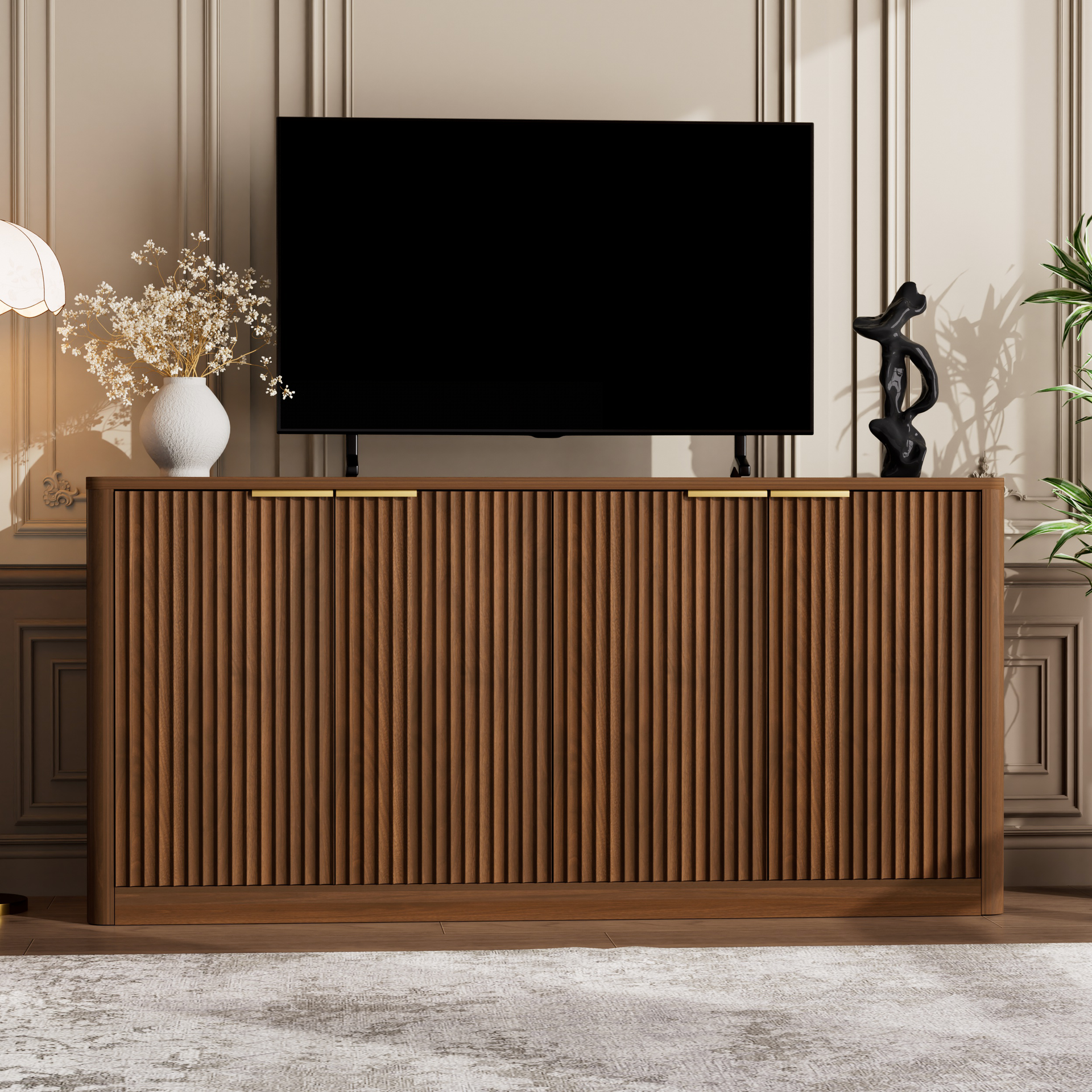 59-inch modern wavy sideboard, curved contour design storage cabinet, 4-door cabinet with storage function, suitable for kitchen/bedroom/living room, Walnut, 59.0"L x 15.7"W x 27.7"H