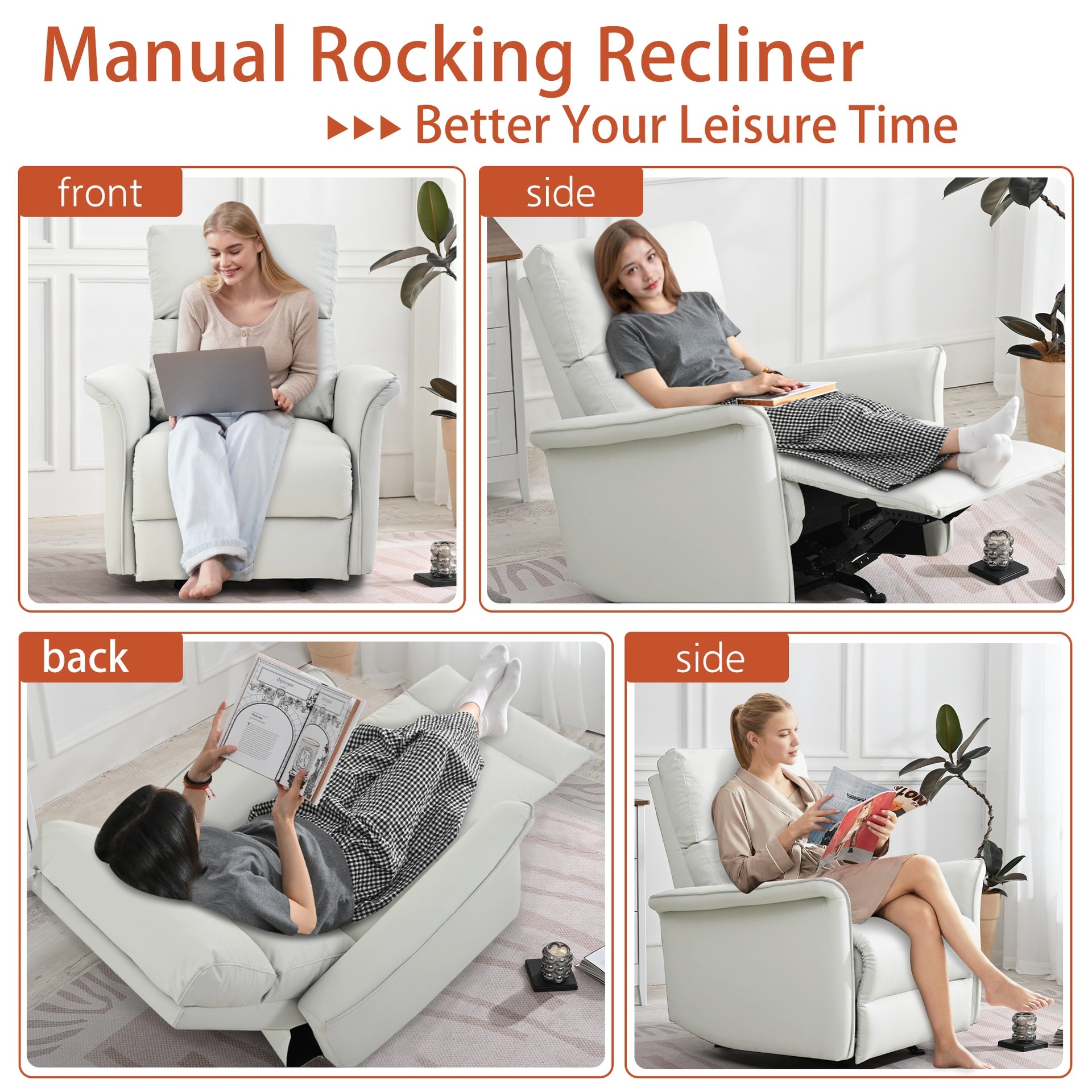 Manual Rocker Recliner Chair for Adults,Rocking Glider Recliner for Small Spaces,PU Leather Rocking Chair for Nursery,Single Sofa Recliner for Home Theater Living Room Bedroom(PU Light Gray)