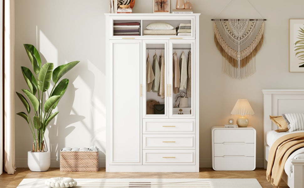 3 Door Wardrobe Armoire Closet with LED and 3 Drawers, White
