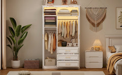 3 Door Wardrobe Armoire Closet with LED and 3 Drawers, White