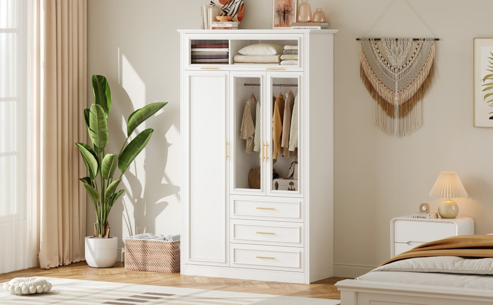 3 Door Wardrobe Armoire Closet with LED and 3 Drawers, White