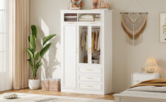 3 Door Wardrobe Armoire Closet with LED and 3 Drawers, White