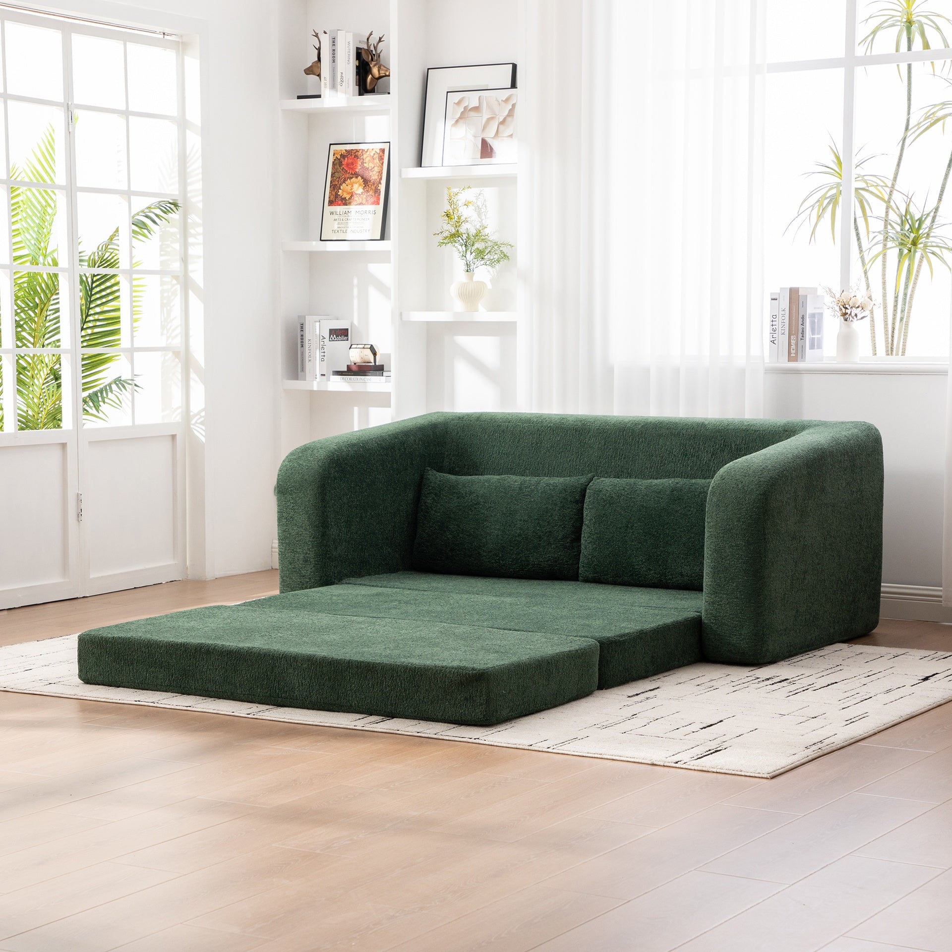 71" 2-in-1 Pull Out Foldable Loveseat Sofa Bed with Armrest & Backrest Pillows, Convertible Chenille Boneless Cloud Floor Mattress Sleeper Lounge Couch for Living Room Bedroom Guestroom Dorm, Green