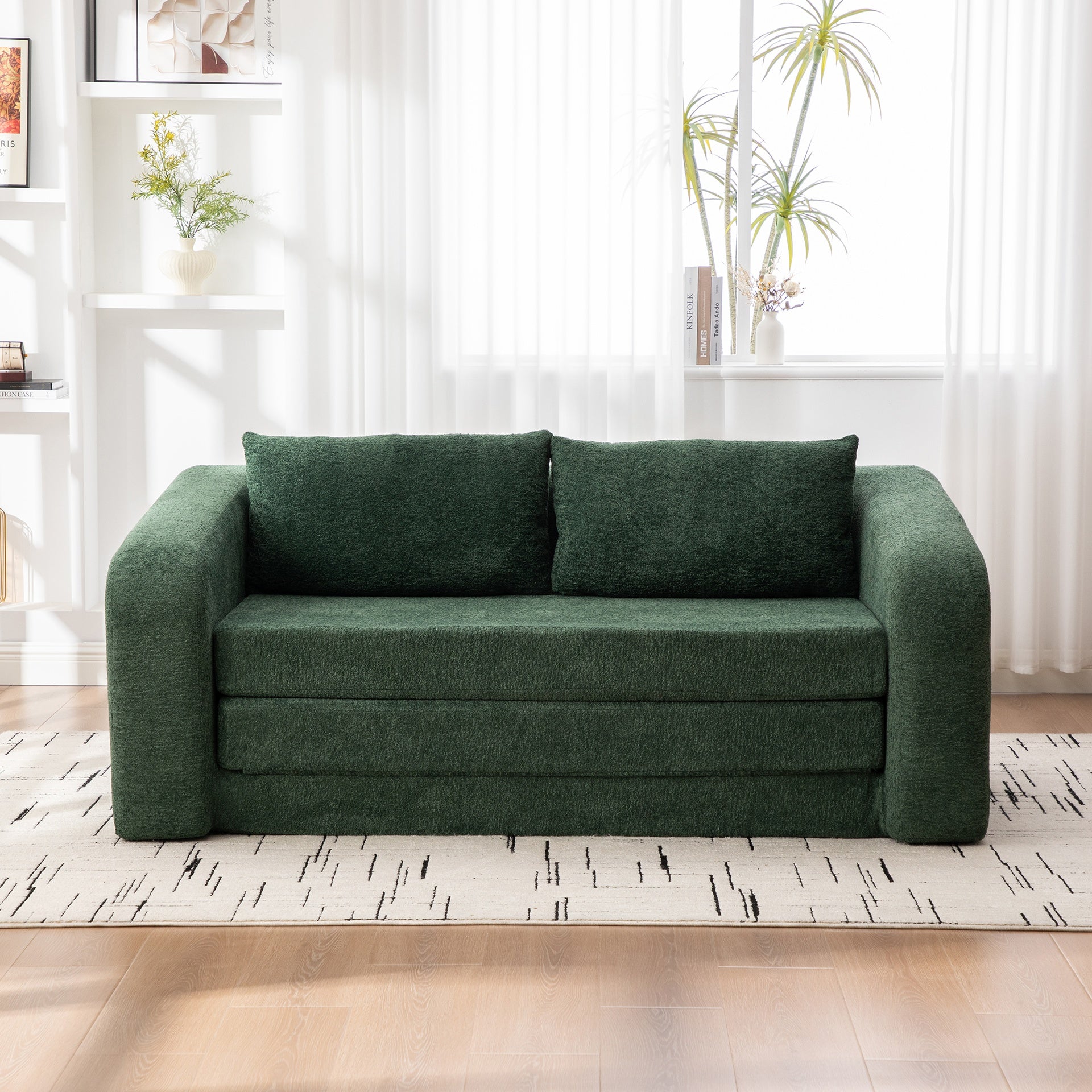 71" 2-in-1 Pull Out Foldable Loveseat Sofa Bed with Armrest & Backrest Pillows, Convertible Chenille Boneless Cloud Floor Mattress Sleeper Lounge Couch for Living Room Bedroom Guestroom Dorm, Green