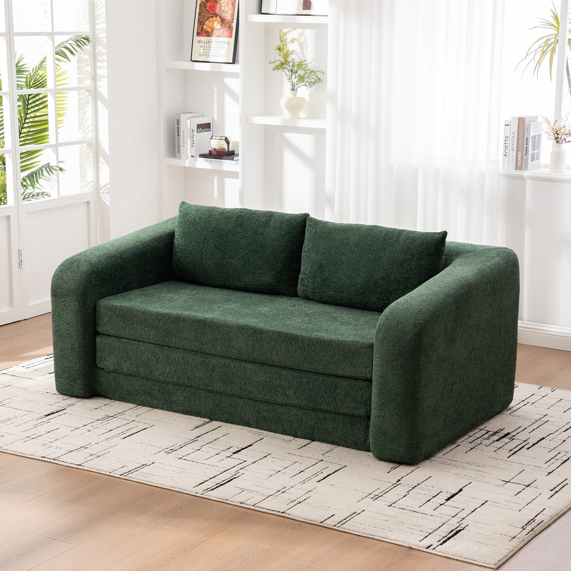 71" 2-in-1 Pull Out Foldable Loveseat Sofa Bed with Armrest & Backrest Pillows, Convertible Chenille Boneless Cloud Floor Mattress Sleeper Lounge Couch for Living Room Bedroom Guestroom Dorm, Green