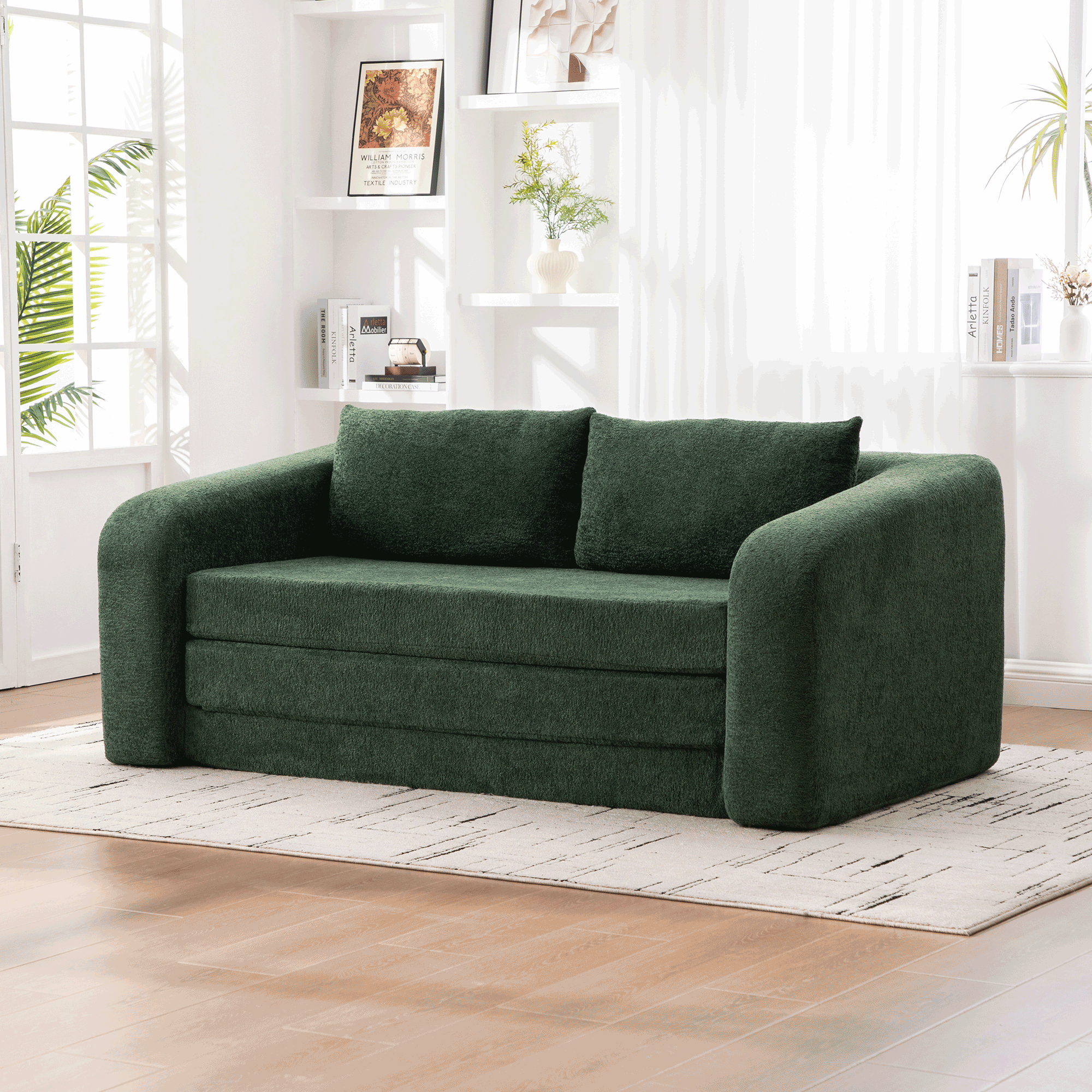 71" 2-in-1 Pull Out Foldable Loveseat Sofa Bed with Armrest & Backrest Pillows, Convertible Chenille Boneless Cloud Floor Mattress Sleeper Lounge Couch for Living Room Bedroom Guestroom Dorm, Green