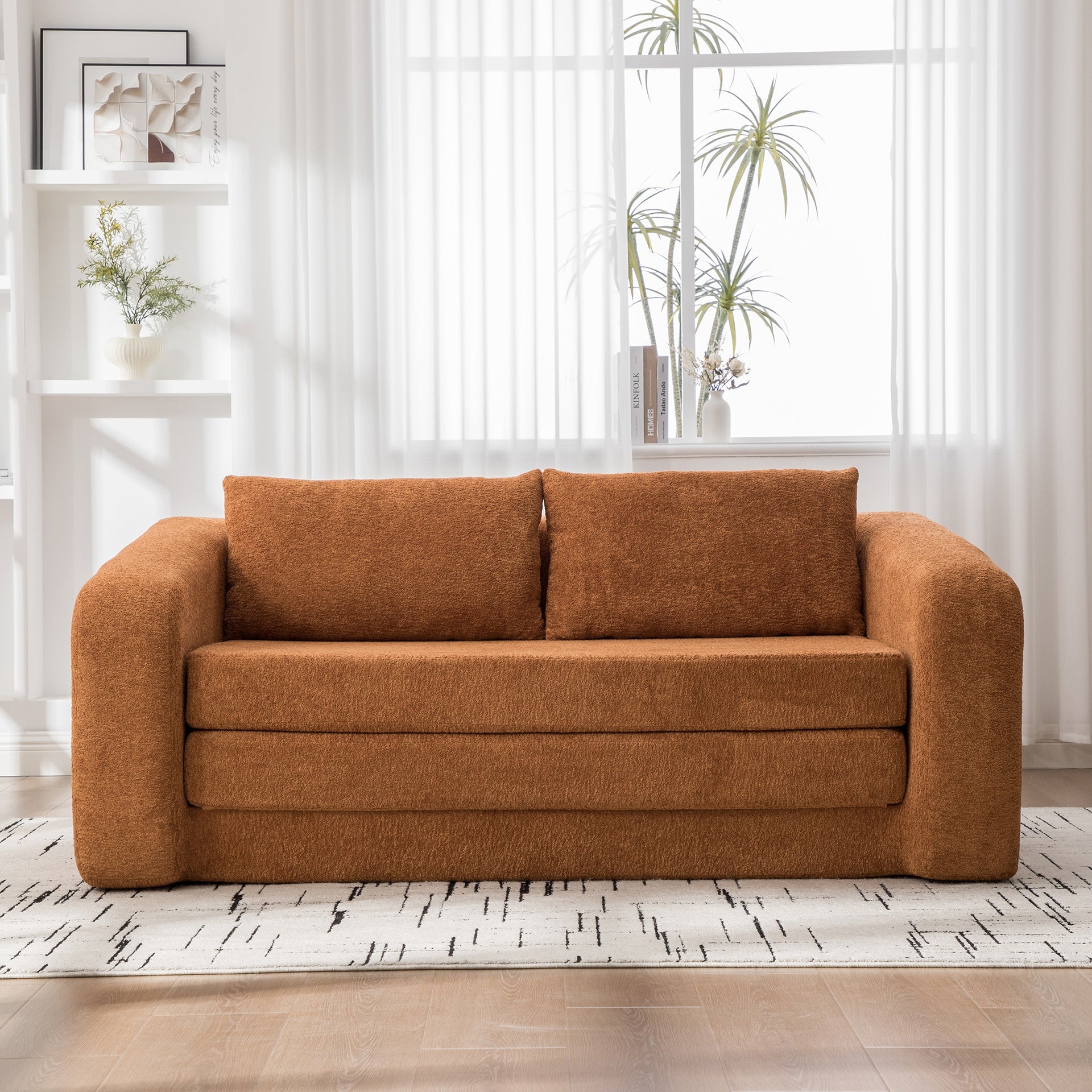 71" 2-in-1 Pull Out Foldable Loveseat Sofa Bed with Armrest & Backrest Pillows, Convertible Chenille Boneless Cloud Floor Mattress Sleeper Lounge Couch for Living Room Bedroom Guestroom Dorm, Orange