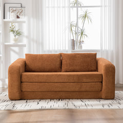 71" 2-in-1 Pull Out Foldable Loveseat Sofa Bed with Armrest & Backrest Pillows, Convertible Chenille Boneless Cloud Floor Mattress Sleeper Lounge Couch for Living Room Bedroom Guestroom Dorm, Orange