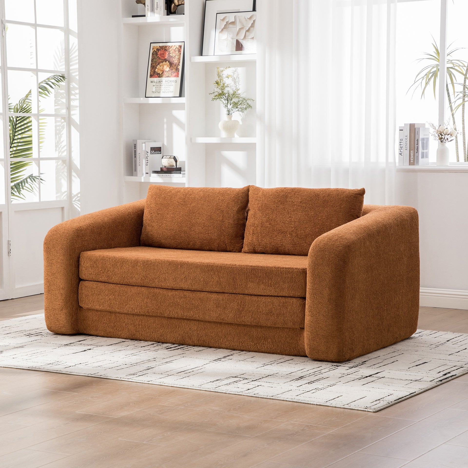 71" 2-in-1 Pull Out Foldable Loveseat Sofa Bed with Armrest & Backrest Pillows, Convertible Chenille Boneless Cloud Floor Mattress Sleeper Lounge Couch for Living Room Bedroom Guestroom Dorm, Orange