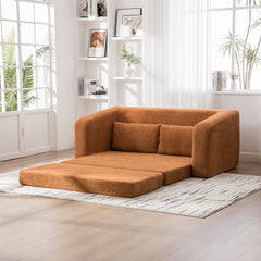 71" 2-in-1 Pull Out Foldable Loveseat Sofa Bed with Armrest & Backrest Pillows, Convertible Chenille Boneless Cloud Floor Mattress Sleeper Lounge Couch for Living Room Bedroom Guestroom Dorm, Orange