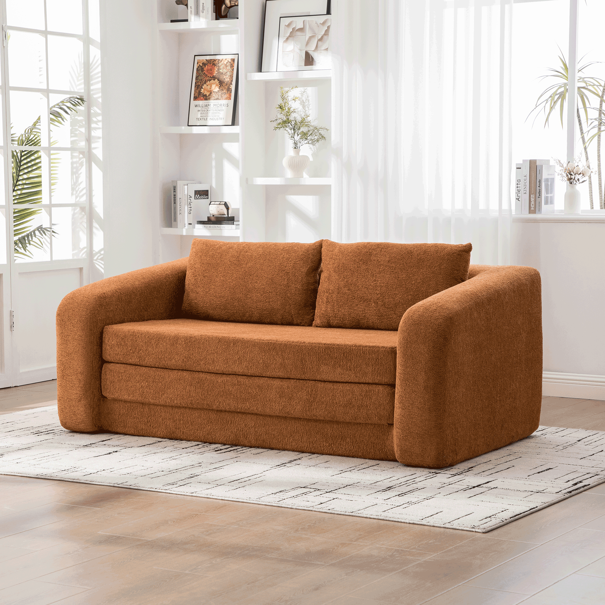 71" 2-in-1 Pull Out Foldable Loveseat Sofa Bed with Armrest & Backrest Pillows, Convertible Chenille Boneless Cloud Floor Mattress Sleeper Lounge Couch for Living Room Bedroom Guestroom Dorm, Orange