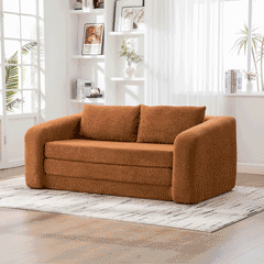 71" 2-in-1 Pull Out Foldable Loveseat Sofa Bed with Armrest & Backrest Pillows, Convertible Chenille Boneless Cloud Floor Mattress Sleeper Lounge Couch for Living Room Bedroom Guestroom Dorm, Orange