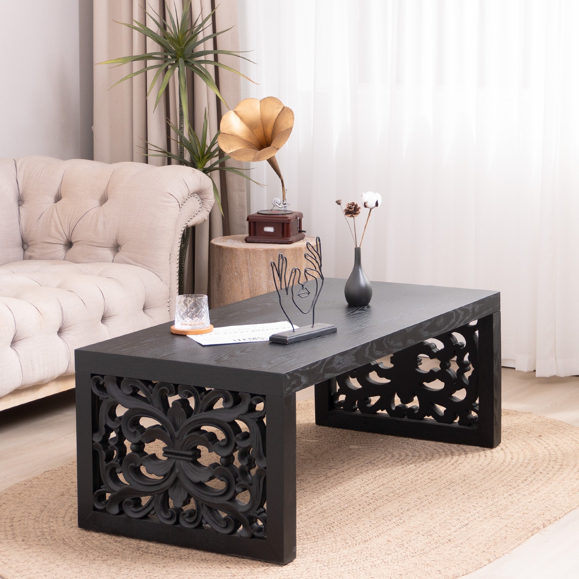 47.2" Solid Black Carved Wood Coffee Table – Handcrafted Look with Ornate Side Panels