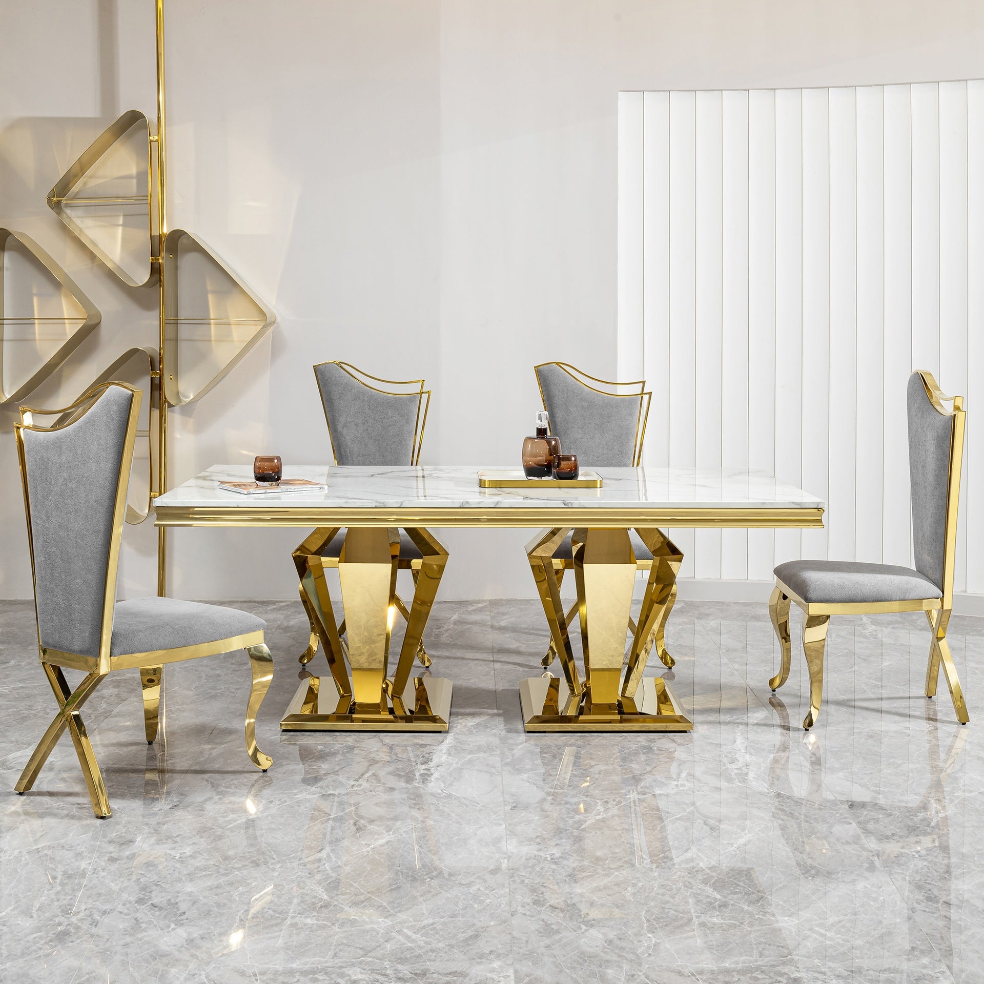 MDF Marble Top Dining Table for 6 white Gold 66.9" Polished Stainless Steel with Diamond-Shaped Base, Modern Large Long Dining Room Table