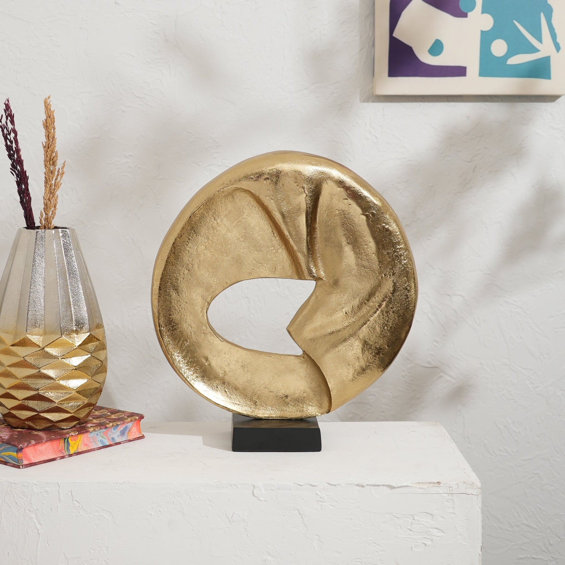 Rustic Circular Flow 15.25" Table Sculpture  Aluminum Décor Art Piece on Black Base