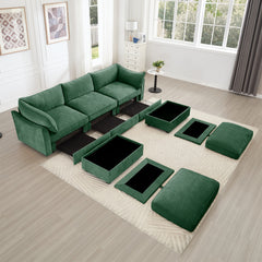 U Shape 3 Seater Deep Seat Sofa Couch with Ottomans,3-Seat Sofa with with 2 Movable Ottomans, Oversized Modular Sectional Sofa with Storage Pull out Drawer Under Each Seat,Chenille  Green