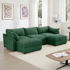 U Shape 3 Seater Deep Seat Sofa Couch with Ottomans,3-Seat Sofa with with 2 Movable Ottomans, Oversized Modular Sectional Sofa with Storage Pull out Drawer Under Each Seat,Chenille  Green