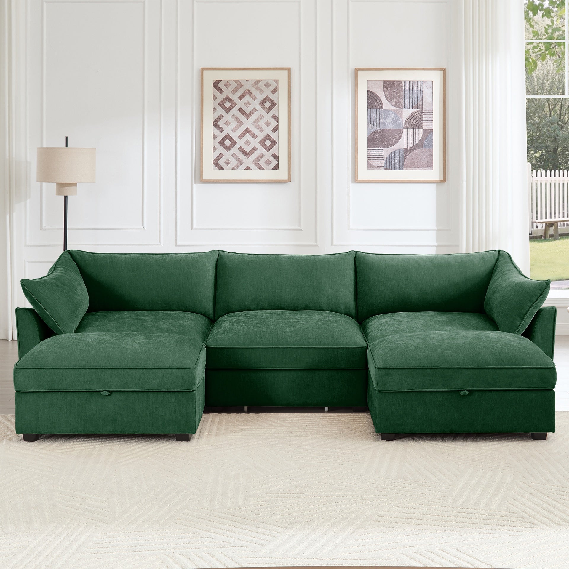 U Shape 3 Seater Deep Seat Sofa Couch with Ottomans,3-Seat Sofa with with 2 Movable Ottomans, Oversized Modular Sectional Sofa with Storage Pull out Drawer Under Each Seat,Chenille  Green