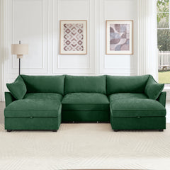 U Shape 3 Seater Deep Seat Sofa Couch with Ottomans,3-Seat Sofa with with 2 Movable Ottomans, Oversized Modular Sectional Sofa with Storage Pull out Drawer Under Each Seat,Chenille  Green