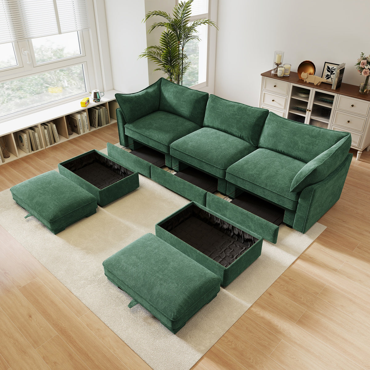 U Shape 3 Seater Deep Seat Sofa Couch with Ottomans,3-Seat Sofa with with 2 Movable Ottomans, Oversized Modular Sectional Sofa with Storage Pull out Drawer Under Each Seat,Chenille  Green