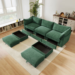 U Shape 3 Seater Deep Seat Sofa Couch with Ottomans,3-Seat Sofa with with 2 Movable Ottomans, Oversized Modular Sectional Sofa with Storage Pull out Drawer Under Each Seat,Chenille  Green