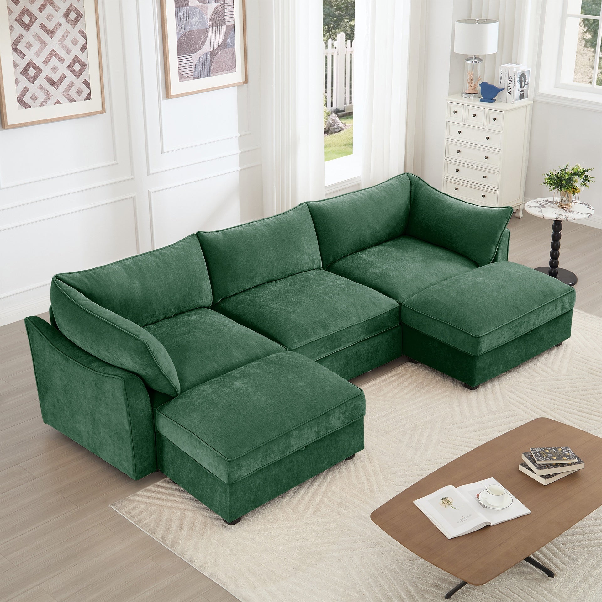 U Shape 3 Seater Deep Seat Sofa Couch with Ottomans,3-Seat Sofa with with 2 Movable Ottomans, Oversized Modular Sectional Sofa with Storage Pull out Drawer Under Each Seat,Chenille  Green