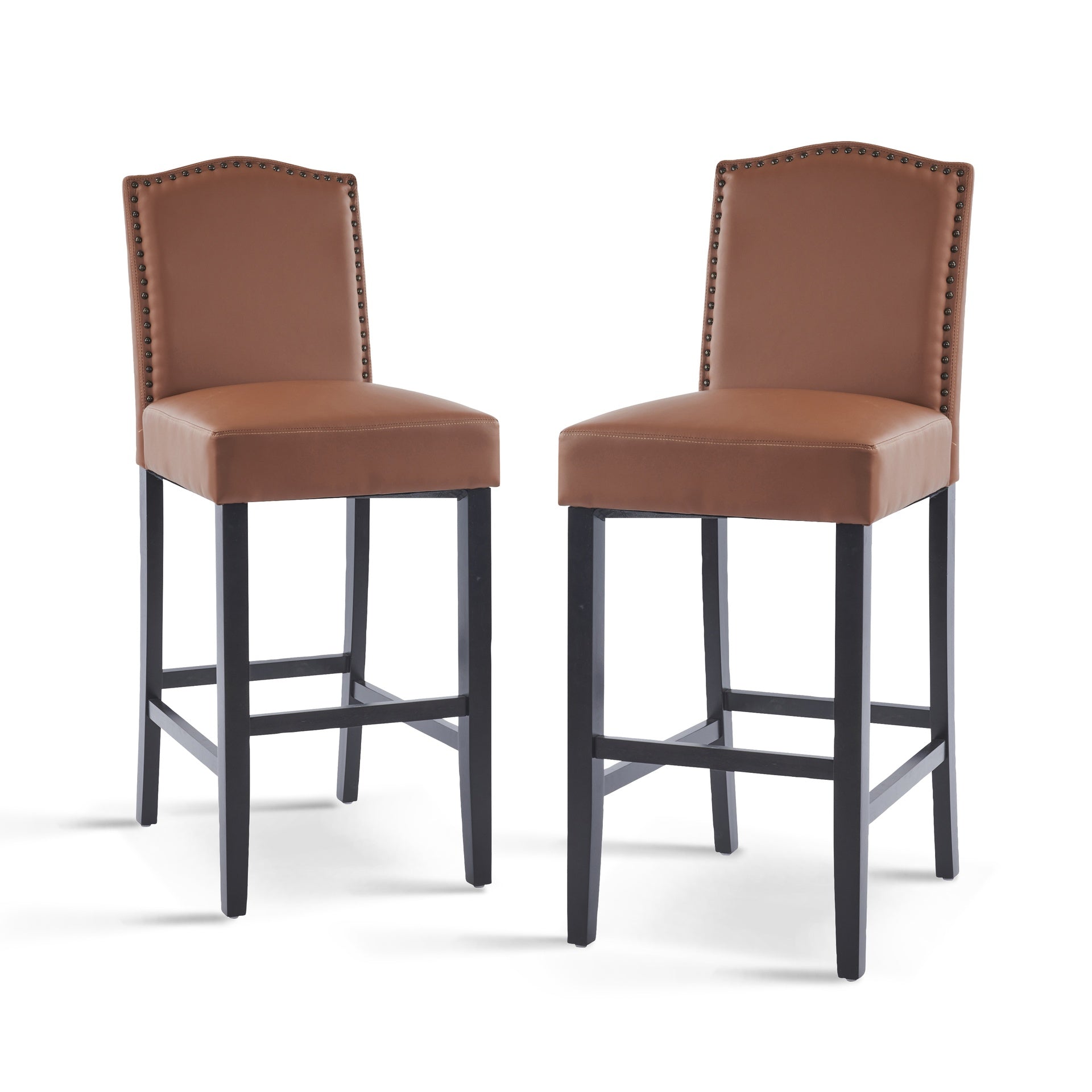 Barstools Set of 2, Upholstered Bar Stools for Kitchen Island, Brown Rubberwood Legs PU Faux Leather Seating 300LBS Weight Capacity