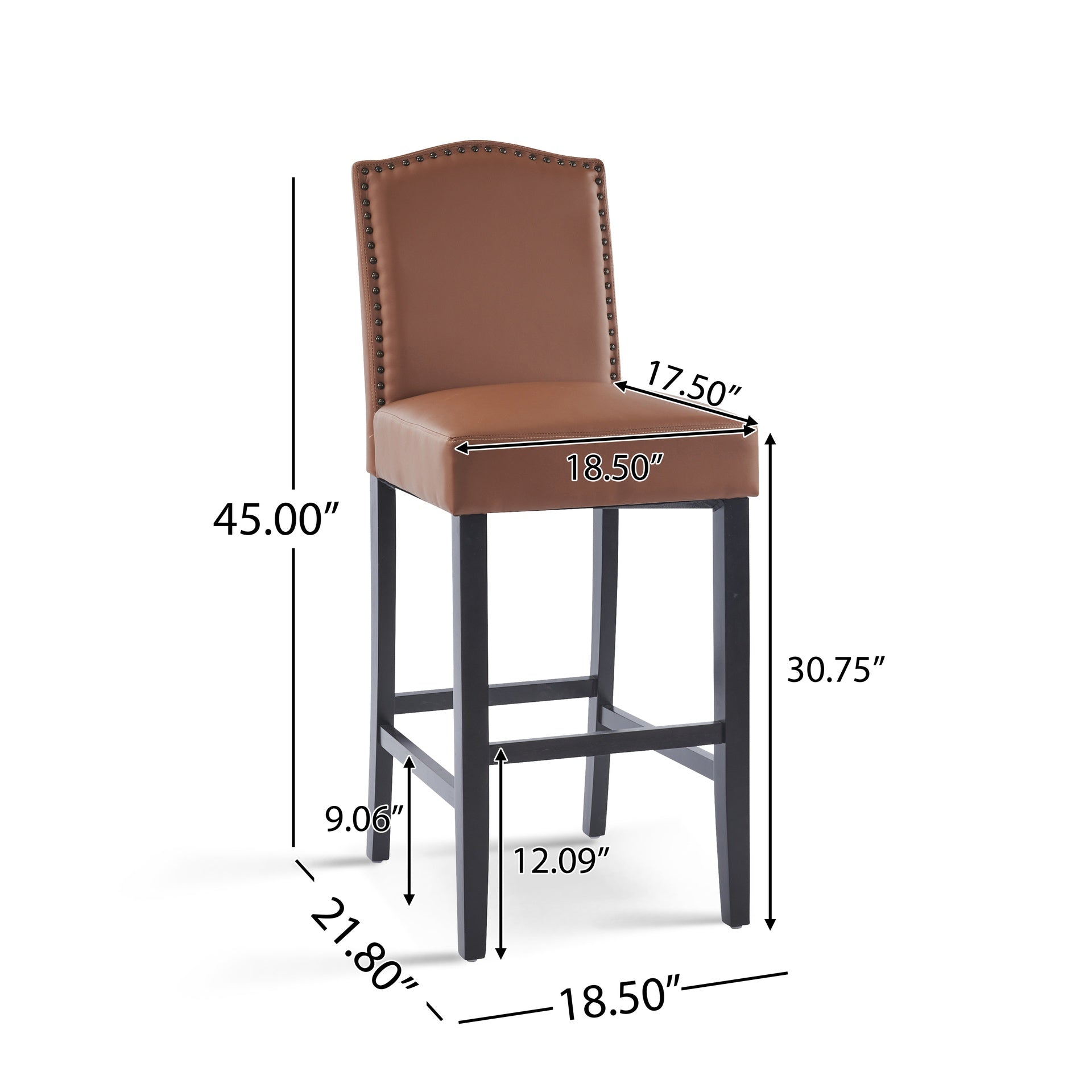 Barstools Set of 2, Upholstered Bar Stools for Kitchen Island, Brown Rubberwood Legs PU Faux Leather Seating 300LBS Weight Capacity