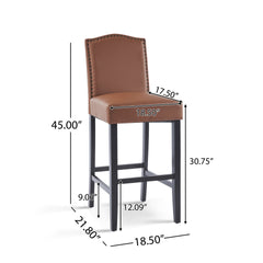 Barstools Set of 2, Upholstered Bar Stools for Kitchen Island, Brown Rubberwood Legs PU Faux Leather Seating 300LBS Weight Capacity