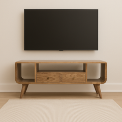 Solid Wood Soba Nordic Multi Media Unit, 2-Drawers, 3 Open-Slots, Light Brown