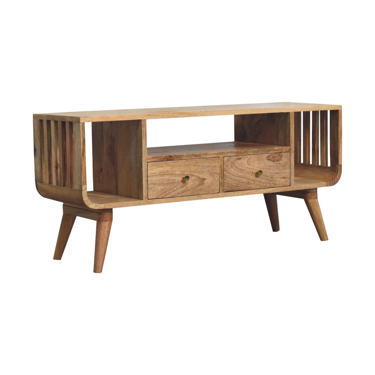 Solid Wood Soba Nordic Multi Media Unit, 2-Drawers, 3 Open-Slots, Light Brown