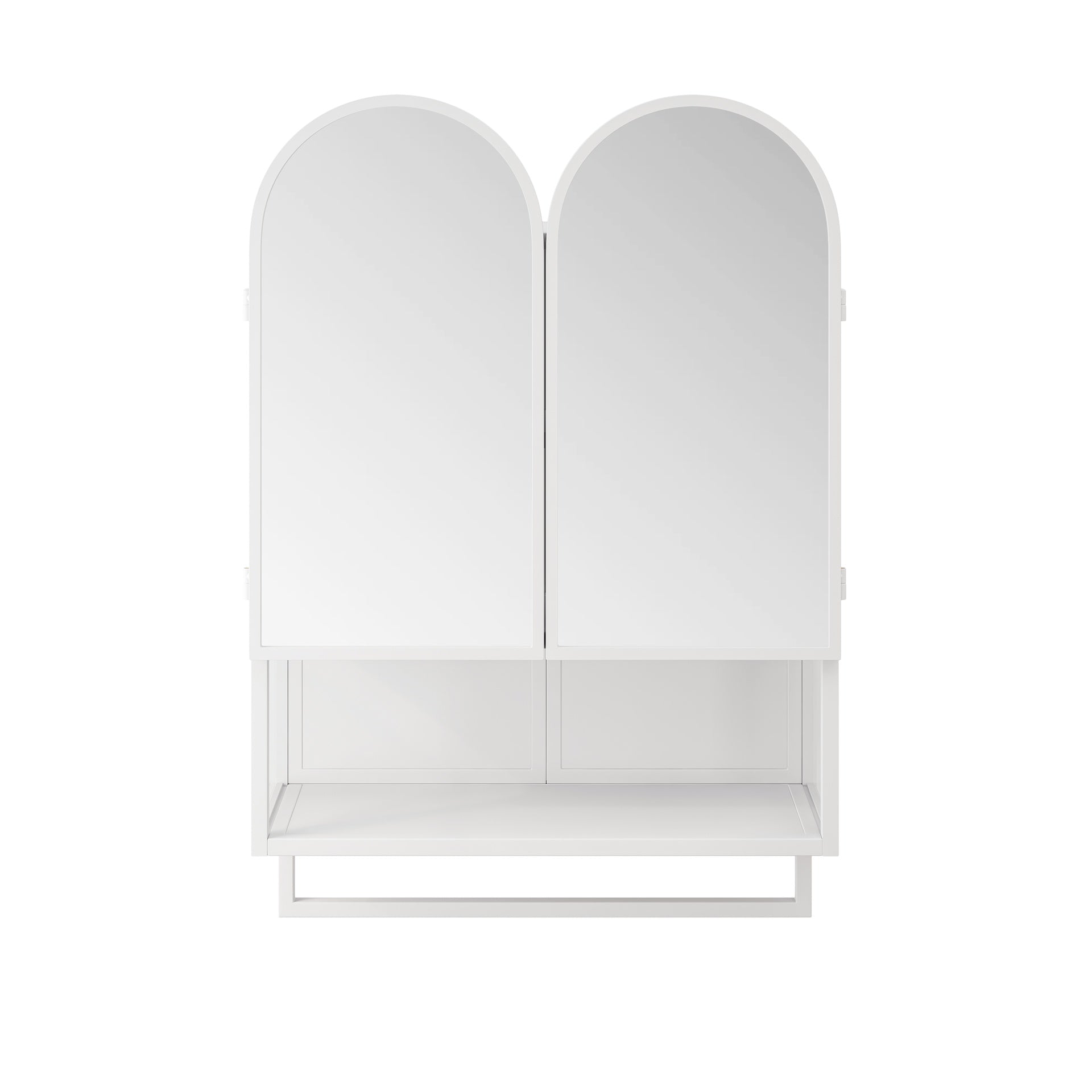 23.62" Modern Double-Arched Mirror Cabinet,2 Doors Medicine Cabinet, Metal Wall Cabinet with Adjustable Shelves and Towel Rack, Mirror Cabinet with Storage for Bathroom, Living Room and Bedroom, White