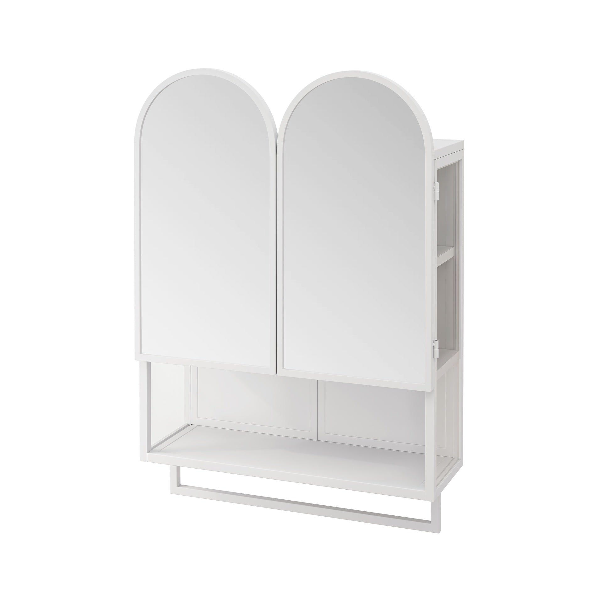 23.62" Modern Double-Arched Mirror Cabinet,2 Doors Medicine Cabinet, Metal Wall Cabinet with Adjustable Shelves and Towel Rack, Mirror Cabinet with Storage for Bathroom, Living Room and Bedroom, White