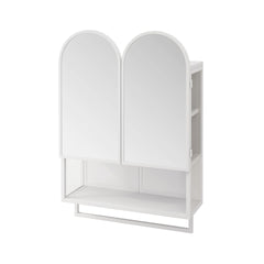 23.62" Modern Double-Arched Mirror Cabinet,2 Doors Medicine Cabinet, Metal Wall Cabinet with Adjustable Shelves and Towel Rack, Mirror Cabinet with Storage for Bathroom, Living Room and Bedroom, White