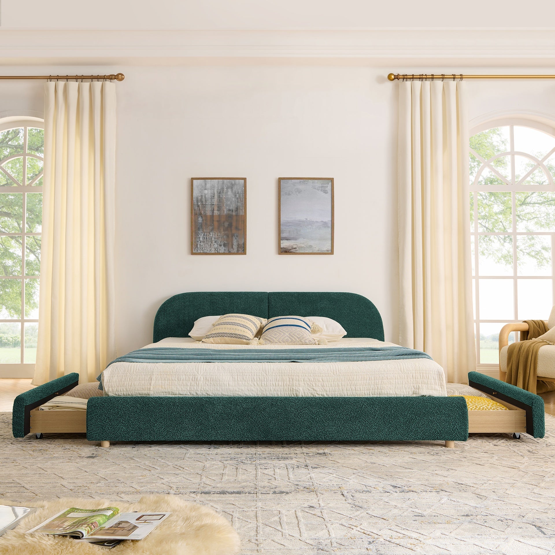 King Size Upholstered Bed Frame Modern Minimalist Style - Circle Yarn Fabric, Tall Curved Headboard, Sturdy Leg Support & Wheeled Drawer Storage, Mattress Not Included - Green