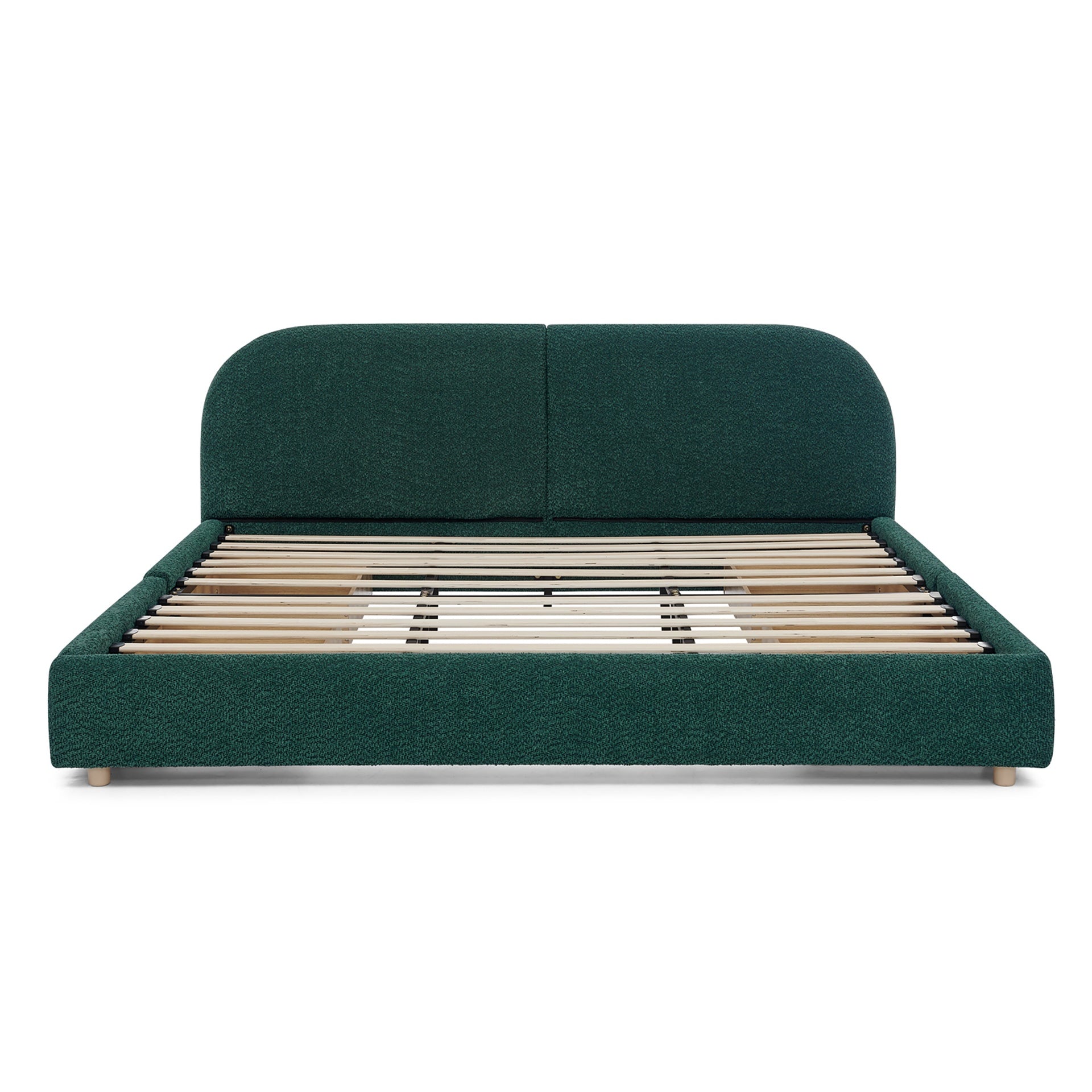 King Size Upholstered Bed Frame Modern Minimalist Style - Circle Yarn Fabric, Tall Curved Headboard, Sturdy Leg Support & Wheeled Drawer Storage, Mattress Not Included - Green
