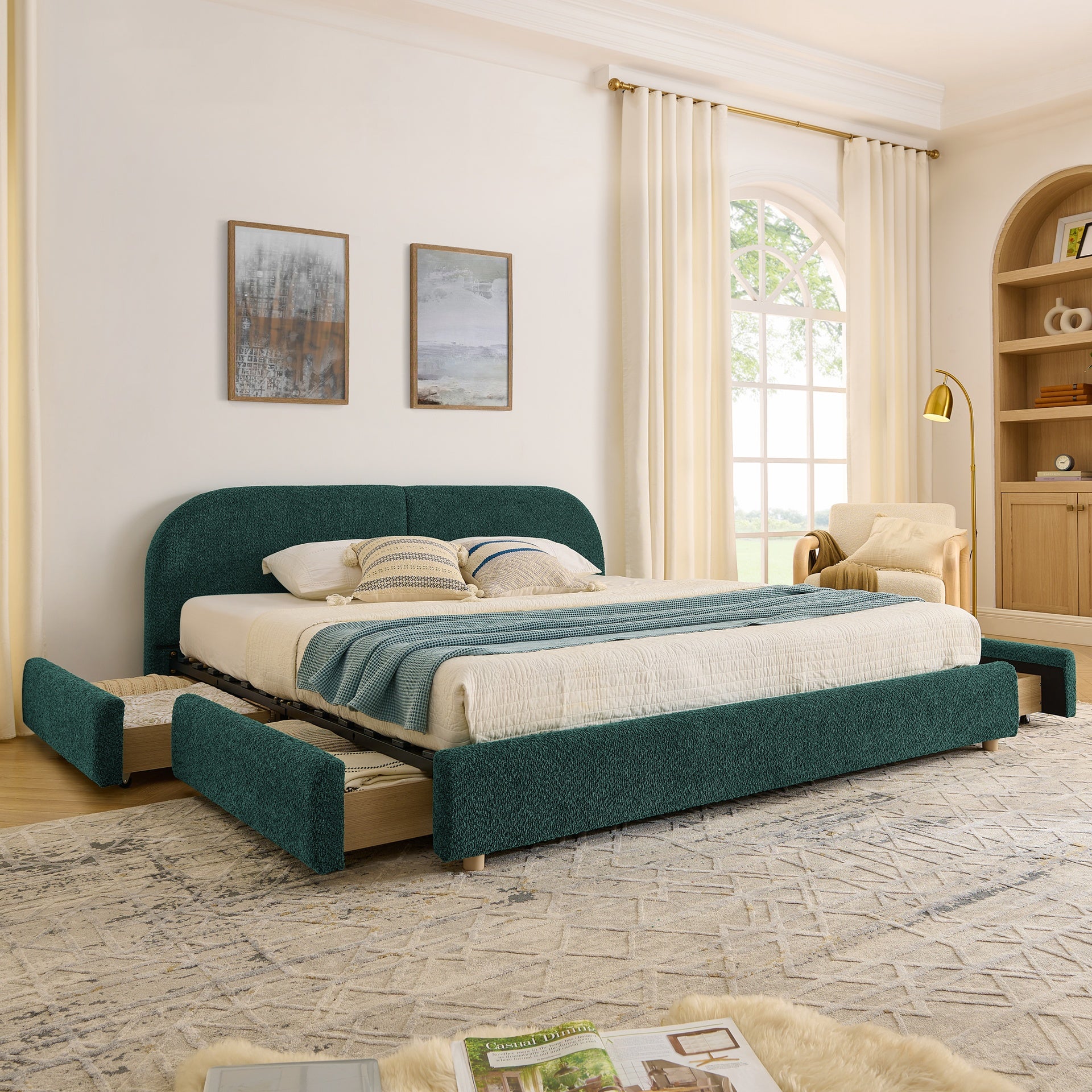 King Size Upholstered Bed Frame Modern Minimalist Style - Circle Yarn Fabric, Tall Curved Headboard, Sturdy Leg Support & Wheeled Drawer Storage, Mattress Not Included - Green