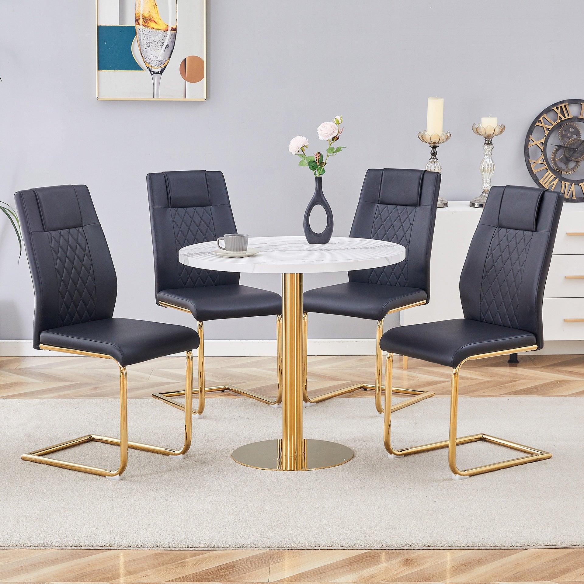 Table and chair set.31.5 Inch Elegant White Marble Pattern Round Dining Table - Suction Molding Annular Texture.Paired With 4 Black High-quality PU Chairs With Arched Golden Metal Legs.