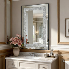 Crystal Crush Diamond Rectangle Silver Mirror for Wall, Large 36x24 Inch Modern Decorative Hanging Mirror with Beveled Edge, for Living Room, Bedroom, Entryway
