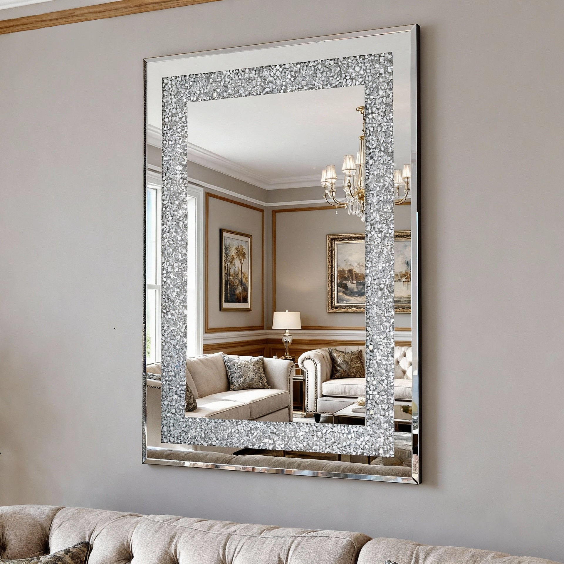 Crystal Crush Diamond Rectangle Silver Mirror for Wall, Large 36x24 Inch Modern Decorative Hanging Mirror with Beveled Edge, for Living Room, Bedroom, Entryway