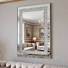 Crystal Crush Diamond Rectangle Silver Mirror for Wall, Large 36x24 Inch Modern Decorative Hanging Mirror with Beveled Edge, for Living Room, Bedroom, Entryway