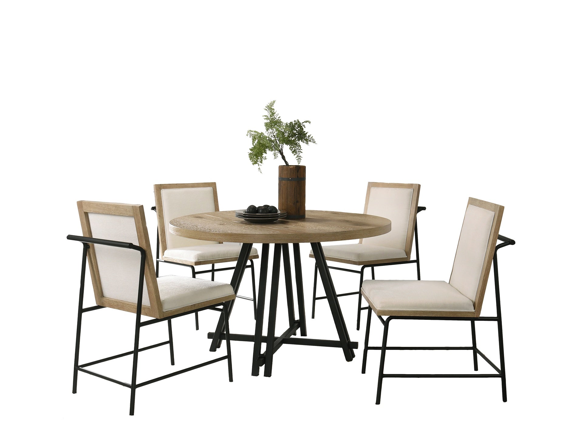 Tate Oak Finish 47" Round Dining Table Set with Cream Color Upholstered Chairs
