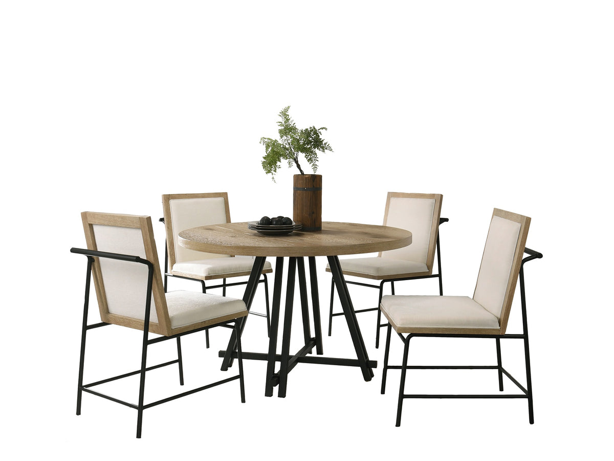 Tate Oak Finish 47" Round Dining Table Set with Cream Color Upholstered Chairs