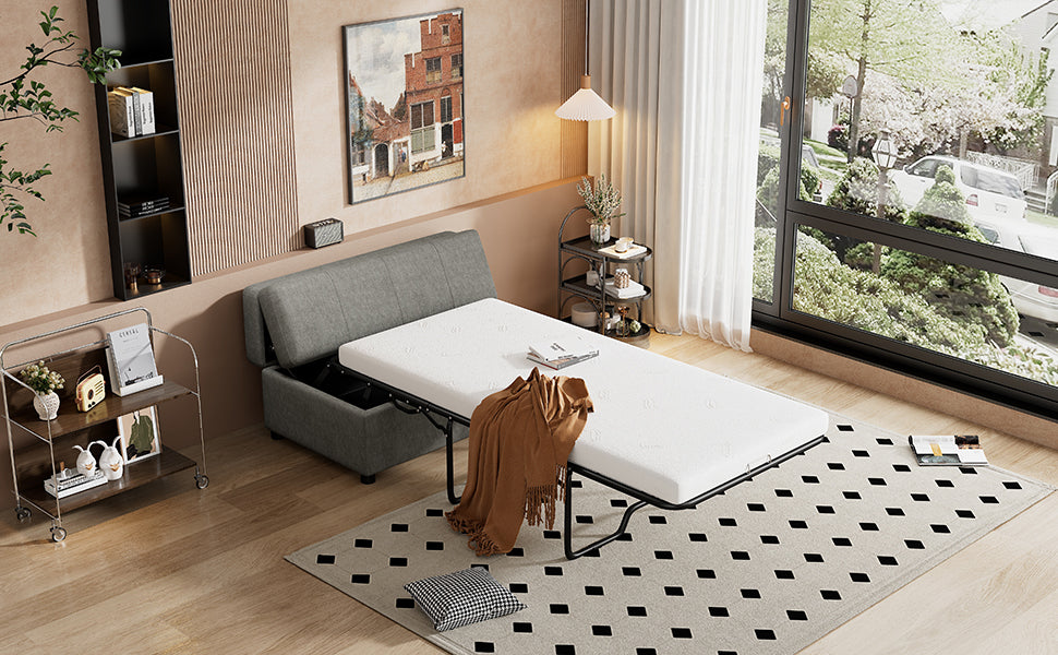 Twin Size Folding Ottoman Sleeper Bed with Mattress Convertible Guest Bed, Dark Gray