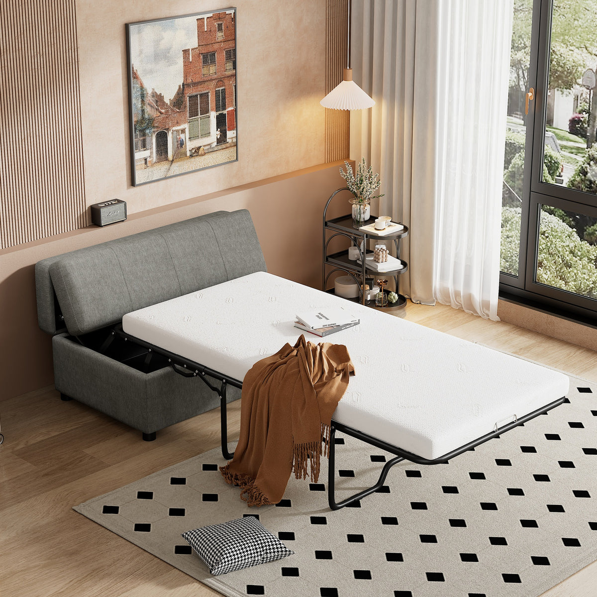 Twin Size Folding Ottoman Sleeper Bed with Mattress Convertible Guest Bed, Dark Gray