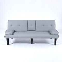 The 67-inch light gray PVC multi-functional sofa bed, with a foldable and cup holder design, makes it extremely convenient to turn the living room into a guest room