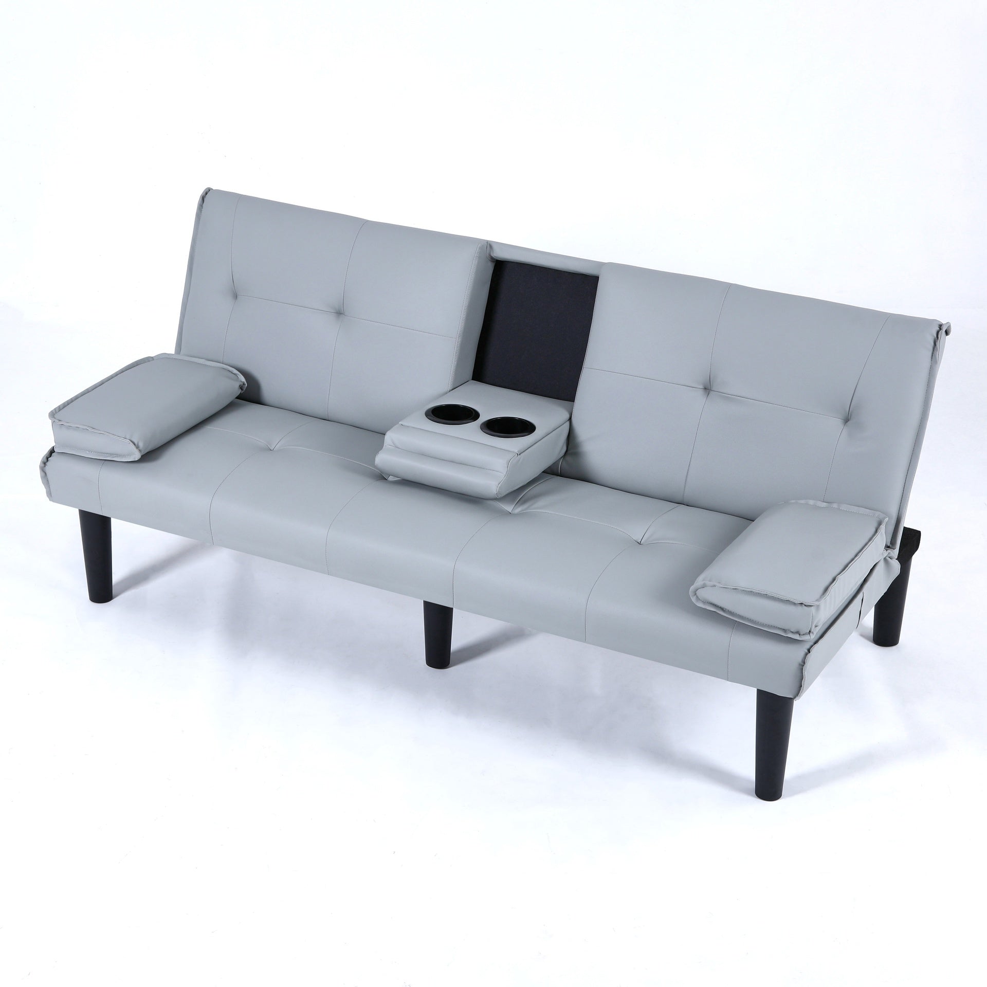 The 67-inch light gray PVC multi-functional sofa bed, with a foldable and cup holder design, makes it extremely convenient to turn the living room into a guest room